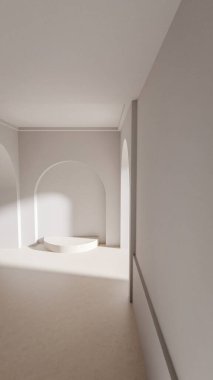 Zarif kemerler ve merkezi bir kaideye sahip üç boyutlu bir oda. Yumuşak ışıklandırma, temiz mimari ve modern tasarım ile minimalist iç arkaplan.