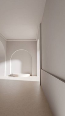 Zarif kemerler ve merkezi bir kaideye sahip üç boyutlu bir oda. Yumuşak ışıklandırma, temiz mimari ve modern tasarım ile minimalist iç arkaplan.