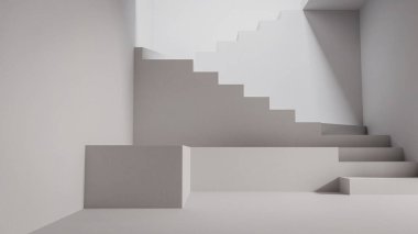 Modern merdiveni ve kemerli girişi olan minimalist beyaz bir odanın 3 boyutlu görüntüsü. Görüntü için temiz iç tasarım arka planı, yumuşak ışıklandırma, soyut mimari ve geometrik yapı.