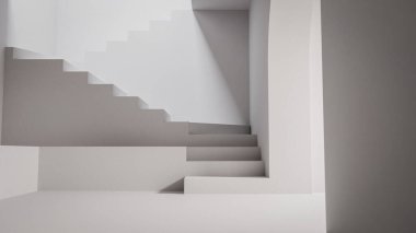 Modern merdiveni ve kemerli girişi olan minimalist beyaz bir odanın 3 boyutlu görüntüsü. Görüntü için temiz iç tasarım arka planı, yumuşak ışıklandırma, soyut mimari ve geometrik yapı.