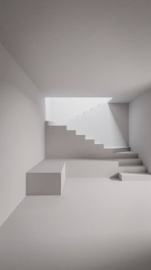 Modern merdiveni ve kemerli girişi olan minimalist beyaz bir odanın 3 boyutlu görüntüsü. Görüntü için temiz iç tasarım arka planı, yumuşak ışıklandırma, soyut mimari ve geometrik yapı.