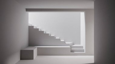 Modern merdiven tasarımlı minimalist beyaz bir odanın 3 boyutlu görüntüsü. Temiz mimari arkaplan, yumuşak ışıklandırma, geometrik yapı ve sunum veya taklit kullanımı için soyut iç yapı.