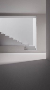 Modern merdiven tasarımlı minimalist beyaz bir odanın 3 boyutlu görüntüsü. Temiz mimari arkaplan, yumuşak ışıklandırma, geometrik yapı ve sunum veya taklit kullanımı için soyut iç yapı.