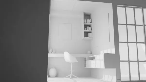 Ahşap masalı, modern sandalyeli, Shoji pencereli ve minimal dekorlu 3 boyutlu bir Japon tarzı oda. Doğal ışık ve sıcak minimalist tasarımı olan huzurlu bir çalışma alanı..