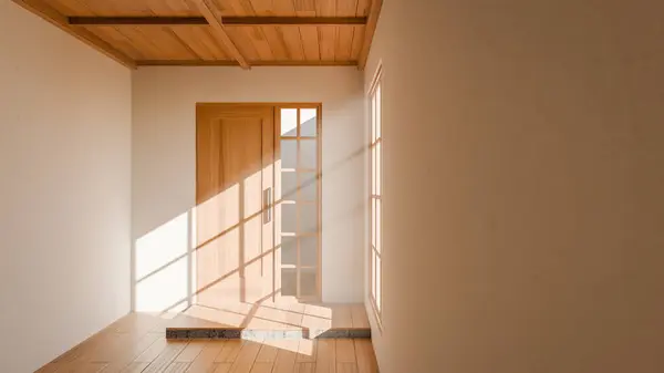 Tahta sürgülü kapısı, Shoji pencereleri ve doğal güneş ışığı olan 3 boyutlu bir Japon tarzı oda. Minimalist iç tasarım, sıcak ahşap tonlar, temiz çizgiler ve sakin atmosfer..
