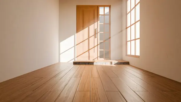 Tahta sürgülü kapısı, Shoji pencereleri ve doğal güneş ışığı olan 3 boyutlu bir Japon tarzı oda. Minimalist iç tasarım, sıcak ahşap tonlar, temiz çizgiler ve sakin atmosfer..