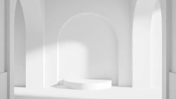 Zarif kemerler ve merkezi bir kaideye sahip üç boyutlu bir oda. Yumuşak ışıklandırma, temiz mimari ve modern tasarım ile minimalist iç arkaplan.