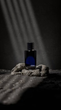 Kayalık podyuma yerleştirilmiş koyu renk parfüm şişesi dramatik spot ışıkları ve siyah arka plan ile. Parfüm markalaştırma, reklam ve lüks kozmetik ürünler için en iyi 3D tasarım..