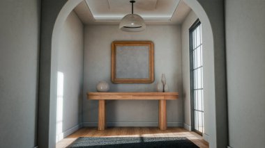 Ahşap konsol masası, seramik vazolar ve çerçeveli duvar sanatıyla modern minimalist iç mimari. Doğal ışık, temiz çizgiler ve basit ev tasarımı içeren zarif 3D canlandırma.