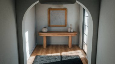 Ahşap konsol masası, seramik vazolar ve çerçeveli duvar sanatıyla modern minimalist iç mimari. Doğal ışık, temiz çizgiler ve basit ev tasarımı içeren zarif 3D canlandırma.