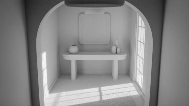 Ahşap konsol masası, seramik vazolar ve çerçeveli duvar sanatıyla modern minimalist iç mimari. Doğal ışık, temiz çizgiler ve basit ev tasarımı içeren zarif 3D canlandırma.