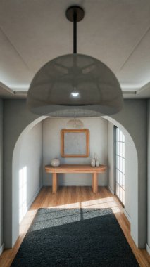 Ahşap konsol masası, seramik vazolar ve çerçeveli duvar sanatıyla modern minimalist iç mimari. Doğal ışık, temiz çizgiler ve basit ev tasarımı içeren zarif 3D canlandırma.