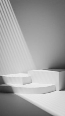 Taş bir podyumun dokulu yüzeyli ve doğal ışıklandırmalı minimalist 3D görüntüsü. Ürün yerleştirme, markalaşma, paketleme ve modern sunum sahneleri için mükemmel..