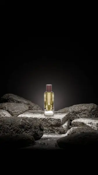 3 boyutlu lüks parfüm şişesi. Koyu arkaplanlı doğal rock podyumuna yerleştirilmiş. Kozmetik, parfüm markası ve zarif reklam tasarımı için minimalist ürün sunumu.