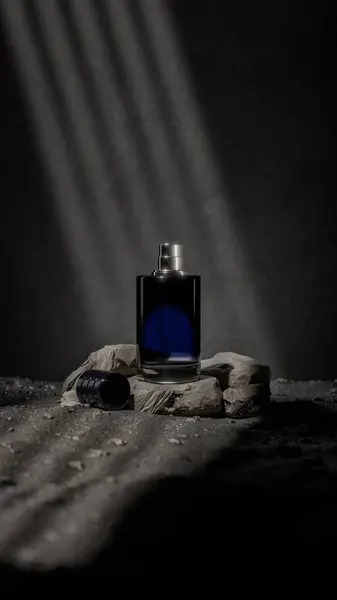 Kayalık podyuma yerleştirilmiş koyu renk parfüm şişesi dramatik spot ışıkları ve siyah arka plan ile. Parfüm markalaştırma, reklam ve lüks kozmetik ürünler için en iyi 3D tasarım..