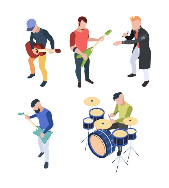 Groupe Rock Musicien Isométrique Personnes Avec Instruments Guitares Batterie Microphone — Image vectorielle