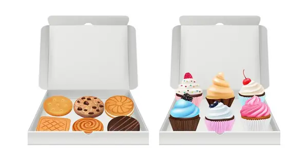 Realistische Cupcakes Und Kekse Kekse Muffins Verpackung Cremige Und Schokolade — Stockvektor
