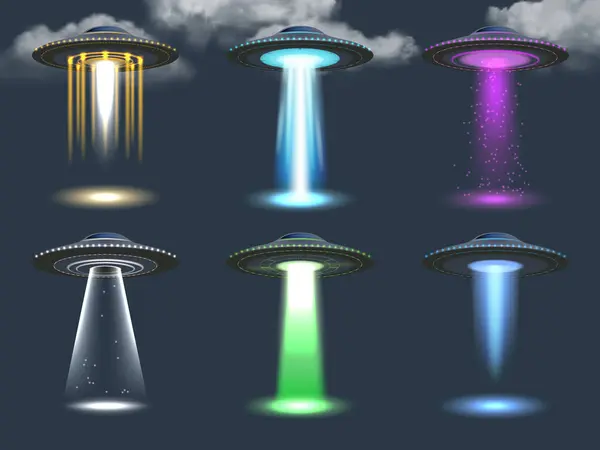 Ufo 우주선 일러스트 세트의 우주적 현실적 빛나는 Ufo 미확인 — 스톡 벡터