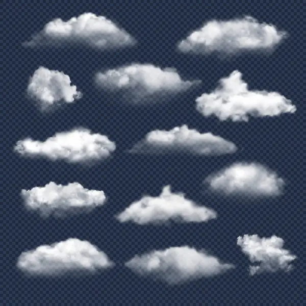 Nubes Realistas Naturaleza Cielo Tiempo Símbolos Lluvia Nieve Nube Vector — Archivo Imágenes Vectoriales