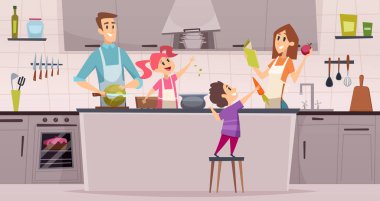 Aile mutfağı. Çocuklar anne babalarına yemek hazırlamada yardımcı oluyorlar. Birlikte yemek pişirir, mutlu bir aile yemek hazırlar.