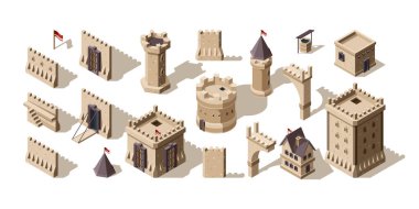 Kaleler izometrik. Ortaçağ binaları, düşük polimer değerli eski kale vektör seti için tuğla duvar. Mimarlık kalesi, eski ortaçağ binası..