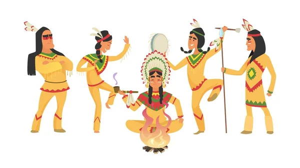 Американские Индейцы Шаман Огонь Ритуальные Танцоры Индейские Воины Векторная Иллюстрация — стоковый вектор