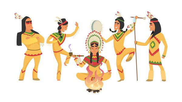 Американские индейцы. Шаман и огонь, ритуальные танцоры. Индейские воины векторная иллюстрация. Нативная культура, племенные народы
