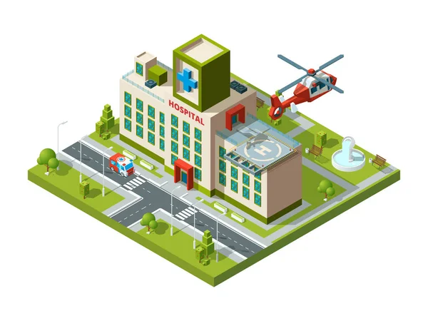 Ambulansbyggnaden Akuttransport Helikopter Sjukhus Tak Helipad Vektor Sjukvård Isometrisk Sjukhus — Stock vektor