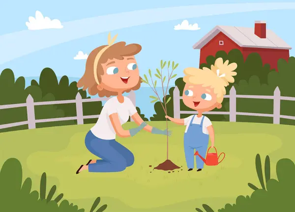 Взрослые Помогают Сажать Растения Дети Родителями Посадки Деревьев Экологической Среды — стоковый вектор
