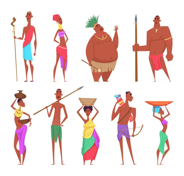 Африканка Традиционные Черные Аутентичные Персонажи Африканских Мужских Женских Этнических Групп — стоковый вектор