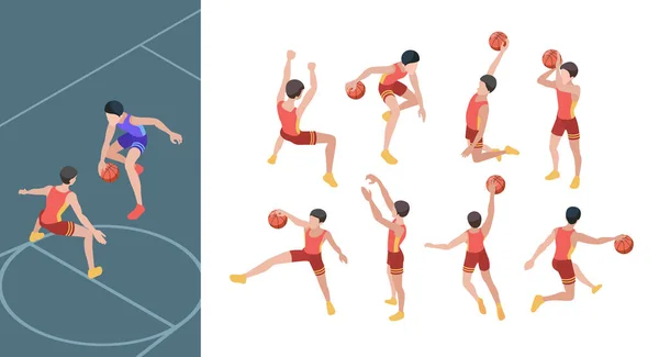 篮球赛 体育运动员在积极动作中表现出等距篮球运动运动员的矢量集 篮球比赛 篮筐职业运动员图解 — 图库矢量图片