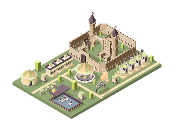 Parc Attractions Attractions Isométriques Avec Château Médiéval Cirque Ferris Roue — Image vectorielle