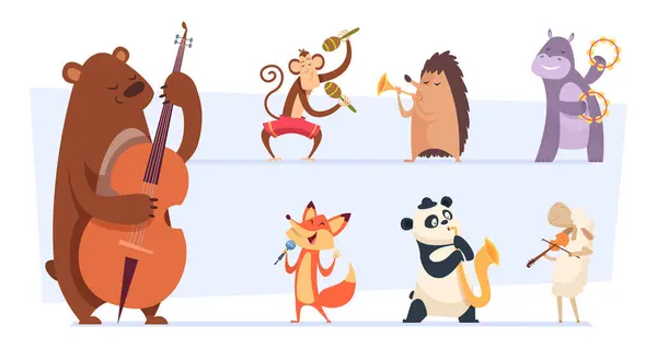 动物音乐家 带乐器声乐的野生卡通动物园动物和带吉它小提琴矢量的歌曲表演乐队 刺猬和河马 旋律演奏音乐会插图 — 图库矢量图片