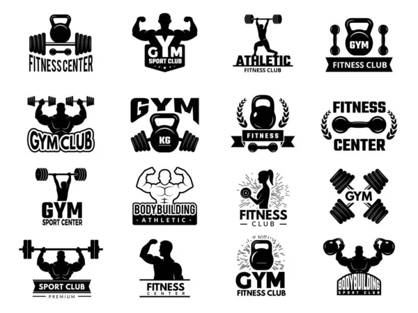 Badges Sport Fitness Sportschool Logotypen Vector Set Fitnessstudio Embleem Bodybuilding — Stockvector