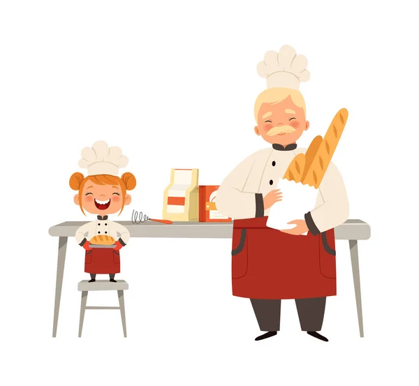 予約ワークショップ 制服調理新鮮なパンで笑顔の女の子とシェフ 祖父ベクトルイラストで幸せな時間 シェフ料理と笑顔の女の子とパン — ストックベクタ