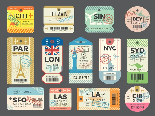 Bagage Retro Tags Reizende Oude Tickets Vlucht Etiketten Stempels Voor — Stockvector