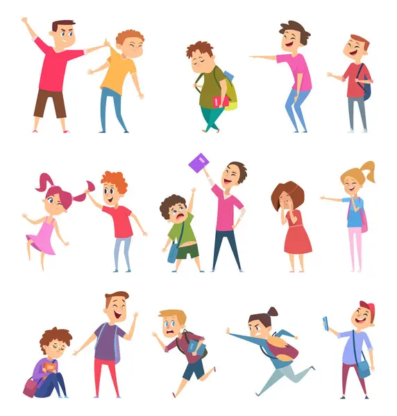 Bullied Characters School Kids Conflict Social Problems Stressed People Scared — Stock Vector