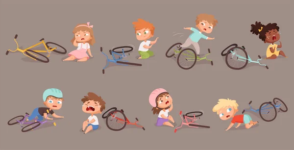 Una Bicicleta Rota Niños Caídos Bicicleta Infeliz Niños Vector Accidentes — Archivo Imágenes Vectoriales