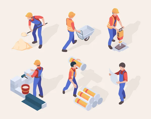 Trabajadores Isométricos Constructores Uniformes Diferentes Máquinas Construcción Herramientas Vector Personas — Vector de stock