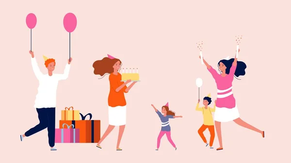 Flickans Födelsedagsfest Familjefestliga Glada Människor Med Gåvor Ballonger Och Tårta — Stock vektor