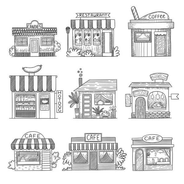 Des Cafés Boutique Restaurants Dessinés Main Petits Bâtiments Vectoriels Ensemble — Image vectorielle