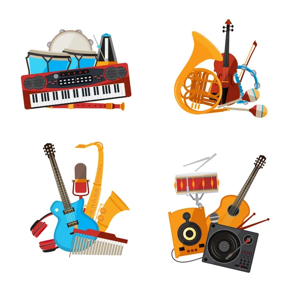 Vector Cartoon Musical Instruments Piles Set Isolated White Background Illustration — Stock Vector