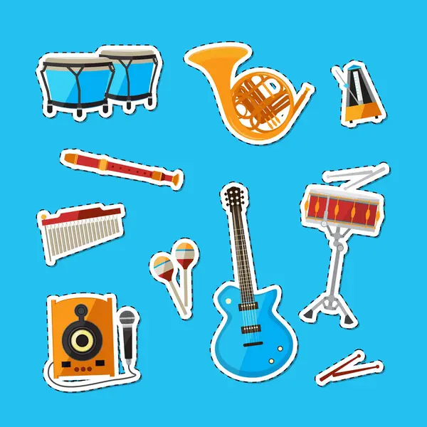 Vector Cartoon Musical Instruments Stickers Set Illustration Isolated Blue Background — Stock Vector