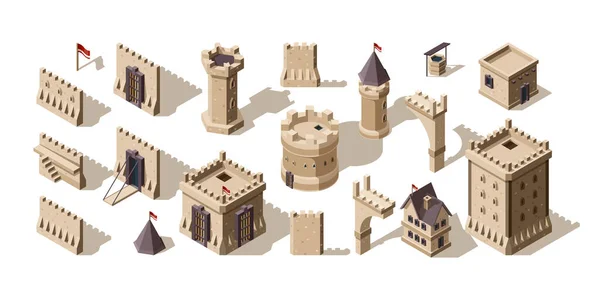 Zamki Izometryczne Średniowieczne Budynki Murowany Mur Dla Niskiej Poli Gra — Wektor stockowy