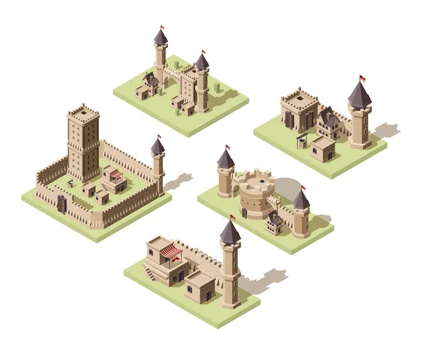Châteaux Bas Poly Jeu Vidéo Actifs Isométriques Bâtiments Médiévaux Vieux — Image vectorielle