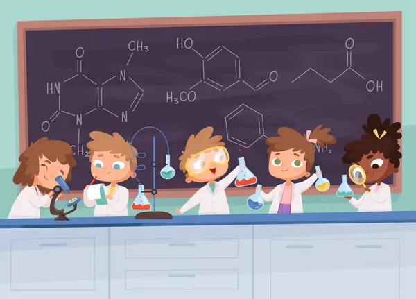 Chemielabor Wissenschaft Jungen Und Mädchen Teenager Lernforschung Prozesse Vektor Charaktere — Stockvektor