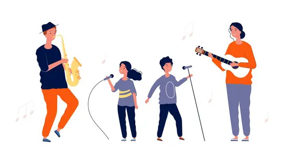 Çocuk Şarkıcılar Çocuklar Için Müzik Vokal Dersleri Mikrofonları Yetişkin Müzisyenleri — Stok Vektör