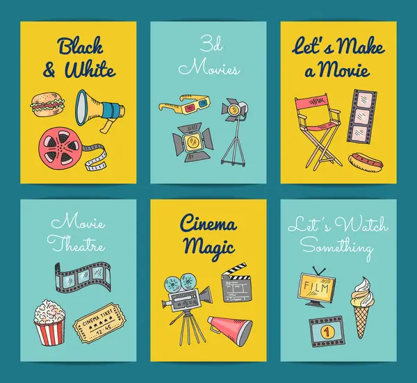 Vektor Kino Doodle Icons Karte Und Banner Vorlagen Setzen Illustration — Stockvektor