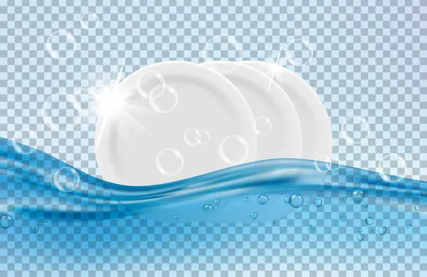 Καθαρά Πιάτα Λευκά Πιάτα Νερό Και Σαπουνόφουσκες Διανυσματική Απεικόνιση Πλύσιμο — Διανυσματικό Αρχείο