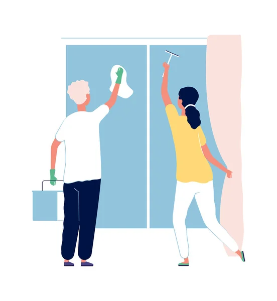 Servicio Limpieza Gente Lavando Ventanas Hombre Mujer Casa Limpia Ilustración — Vector de stock